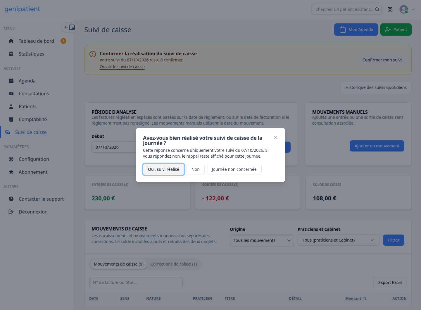 Fenêtre réelle du check journalier avec trois réponses : Oui, suivi réalisé ; Non ; Journée non concernée.