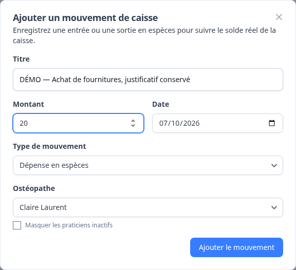Formulaire réel Ajouter un mouvement de caisse, rempli avec une dépense fictive de fournitures de 20 euros.